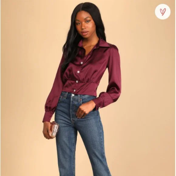 Lulus Plum Purple Satin Long Sleeve Button-Up Top - S - Picture 3 of 5